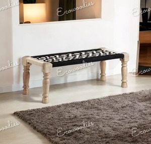 Tabouret en osier pouf en bois d'excellente facture corde de coton noir et blanc banc en bois 2 places Console incrustée d'os - Product Image 2