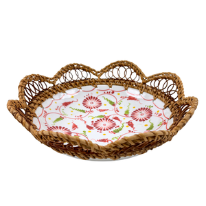 Cuencos Redondos de Cerámica Hechos a Mano con Diseño Floral Rojo y Borde Tejido de Ratán Ecológico para Decoración del Hogar y Fiestas - Product Image 2