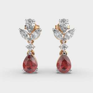 Pendientes de diamantes de circonia cúbica roja con racimo floral, pendientes de moissanita de corte redondo y pera, pendientes de empuje de oro macizo de 14K para dama de honor - Product Image 1