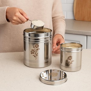 Ensemble de pots de rangement en acier inoxydable gravé de fleurs dorées élégantes et modernes, contenants cylindriques pour une utilisation en cuisine - Product Image 6