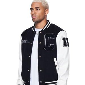 Chaqueta Varsity Personalizada para Hombre, Estilo Urbano, Bordado Chenille Negro, Cuello Alto, Cierre de Cremallera, Impermeable, Resistente al Viento, para Invierno - Product Image 1