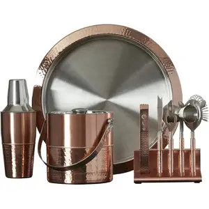 9 Piece Stainless Steel Bar Tool Set Polished And Hammered Copper With Accents Perfect For Your Home Bar Or Kitchen