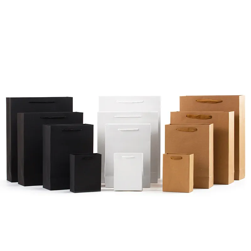 Personalizado impresso kraft embalagem saco vestuário presente comprador marrom preto branco kraft compras papel saco com alça plana logotipo