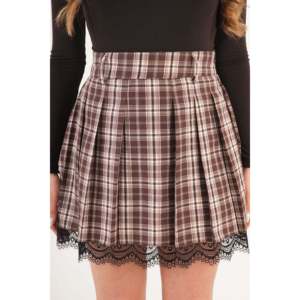 Lustrin Women's Wholesale Brown <b>Plaid</b> <b>Skirt</b> with Elegant Lace Detail - Stylish A-Line <b>Midi</b> <b>Skirt</b> for Casual Wear - Product Image 1