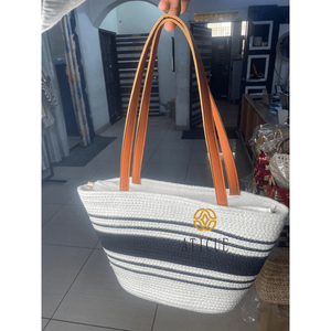 Bolso Tote de Yute Ecológico y Duradero para Mujer con Asas de Cuero y Cierre de Cremallera, Diseño a Rayas, 13x5x12 Pulgadas - Product Image 2