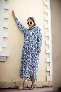 100% Boho เดรส Maxi แขนยาวผ้าฝ้ายลายดอกไม้สีฟ้าพิมพ์ลายบล็อกด้วยมือเดรสลำลองสีฟ้าแบบทางการเป็นมิตรต่อสิ่งแวดล้อม - Product Image 5