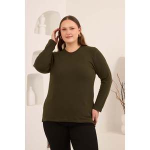 Pull en tricot basique pour femme grande taille avec détail fendu et col rond, kaki - Product Image 1