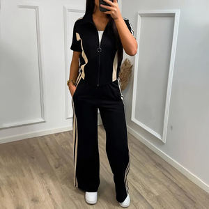 Elegante Sudadera de cuello redondo de manga larga con bloque de color empalmado de otoño-invierno con pantalones de bolsillo holgados para informal - Product Image 1