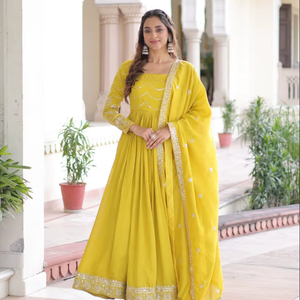 Vestido Largo Anarkali con Dupatta, Salwar Kameez para Mujer, para Fiestas y Bodas, Color Amarillo CYE, Lentejuelas, Poliéster, Largo hasta el Suelo, Moderno - Product Image 1