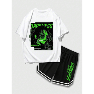 เซ็ตเสื้อยืดและกางเกงขาสั้นแขนสั้นพิมพ์ลายตัวอักษรลำลองแนวสตรีทอะนิเมะฤดูร้อน - Product Image 1
