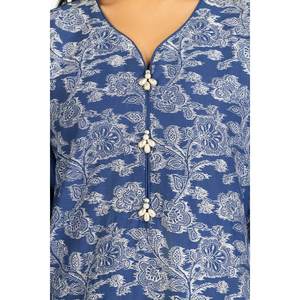 ชุดสูทผ้าสวิสวอยล์พิมพ์ลายเคลือบเงาสีน้ำเงินสำหรับผู้หญิง 3 ชิ้น พร้อมตกแต่งกระดุม - Product Image 2