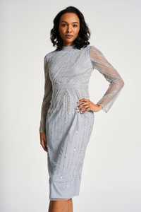 Vestido largo adornado Trae un toque de alfombra roja Glamour Vestido elegante de noche con cuentas plateadas Inspirado en vintage - Product Image 3