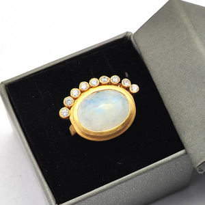 Rainbow Moonstone Oval 925 Sterling Silver Matt Finish Permanent Gold Plated Thick Band Ring 9.98 Gms Size US 10.5 Cz Set Rings - Product Image 3