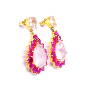 Vêtements de mariage argent sterling 925 plaqué or quartz rose rubis pierres précieuses charme classique élégant boucles d'oreilles goutte - Product Image 5