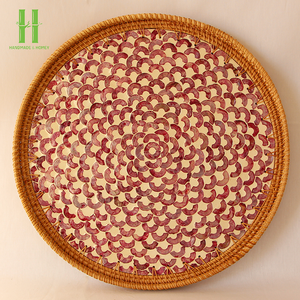 Bandeja redonda de bambú Vintage rústica Bohemia ecológica hecha a mano de alta calidad, incrustaciones de nácar, uso de cocina, decoración del hogar, Vietnam - Product Image 1