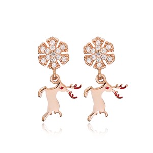 Boucles d'oreilles clous en argent sterling 925, motif flocon de neige renne, pierre zircon, fabrication turque artisanale, bijoux fins, vente en gros - Product Image 1