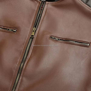 Men's Trending <b>Brown</b> Faux <b>Leather</b> Zipper Closure <b>Jacket</b> Slim Fit Snap Collar Stylish Outerwear with Padded Shoulders for Winter - Product Image 5