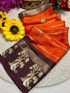 Sari Premium de Seda Semi-Viscosa para Mujer con Pallu Peshwai y Diseño de Borde Tejido con Zari, Doble Borde Butta en Todo el Cuerpo - Product Image 4