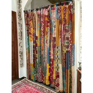 Vintage Indian Kantha Embroidered Patchwork Sari 100% Cotton Boho Window Door <b>Drapes</b> Upcycled <b>Curtains</b> & Valances - Product Image 1
