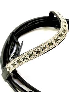 BRIDLE Anatomique Qualité Cuir Noir Rembourré REINS 5 Rangées Noir Argent Cristal - Product Image 3