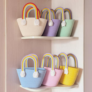Panier de rangement en corde de coton avec poignée arc-en-ciel, organisateur tissé, panier écologique pour jouets, chambre d'enfant, rangement domestique - Product Image 2