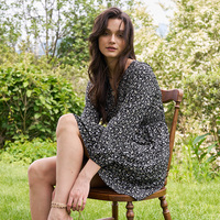 Robe pour femme 2026, robe courte à manches longues, col en V, imprimé floral noir, taille haute, robe fluide à volants, robes d'automne avec poches