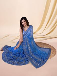 Trendmalls non cousu bleu ciel Georgette Saree décontracté mariage séquence broderie chemisier pièce (K963) indien/pakistanais femmes - Product Image 4