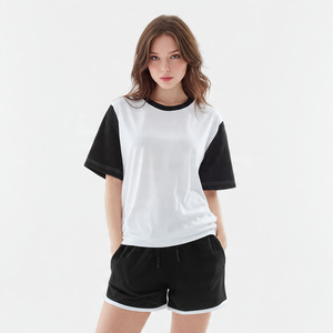 Conjuntos de pantalones cortos de algodón para mujer, Camiseta con hombros caídos, Camiseta de cuello redondo de gran tamaño para mujer, pantalones cortos de dos piezas para mujer - Product Image 1