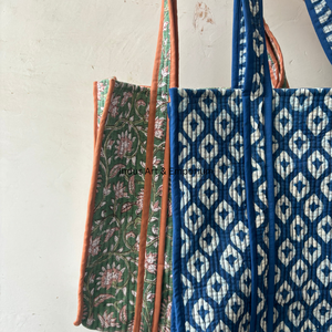 บล็อกมือพิมพ์ผ้าฝ้ายแฮนด์เมดอินเดียกระเป๋าช้อปปิ้งกระเป๋าผู้หญิงกระเป๋าแฮนด์เมดบล็อกพิมพ์กระเป๋าสะพายผ้า - Product Image 2