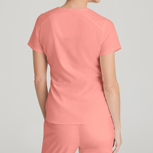 Top exfoliante con cuello en V de corte moderno para mujer Hombros elásticos Diseño de pliegue Top con cuello en V de 4 bolsillos Papaya brillante - Product Image 4