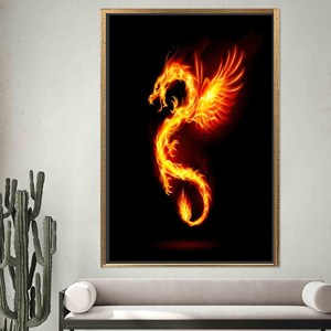 Impression sur verre trempé Dragon de Feu : Toile murale noire, TOILE ENCADRÉE DORÉE - Product Image 1