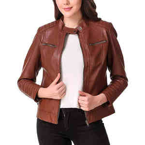 Chaqueta de Cuero Elegante para Mujer, Cierre de Cremallera, Manga Larga, Tejida, Transpirable, Ropa Exterior de Moda, Invierno, Relleno de Algodón, Logotipo, Otoño - Product Image 1