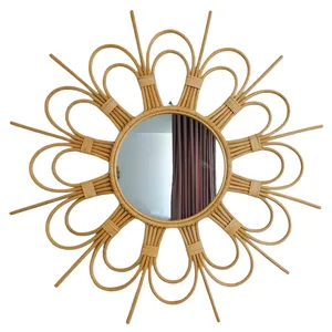 Koleksi terlaris dekorasi cermin dinding matahari rotan Boho-ukuran dan warna dapat disesuaikan-untuk ruang tamu kamar tidur