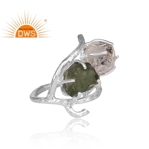 Anillo de Plata de Ley Fina con Diamante Herkimer y Moldavita en Bruto de Moda, Fabricante de Joyería Personalizada - Product Image 3