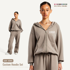 Custom Logo Brown Women <b>Cropped</b> Zip up Sweatshirt <b>Pants</b> Two Pieces Set Tracksuit for Women Drop Shoulder Sweatsuit Set Wholesale - Product Image 1