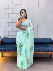 Sari impreso a mano floral tradicional de piel sintética suave con corte Dana Work para todos los eventos - Product Image 3