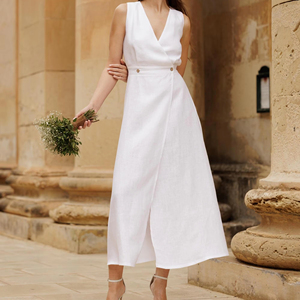 ชุดเดรสแม็กซี่สไตล์โบฮีเมียนลำลองวินเทจชุดเดรสทรงสูงหรูหราไปงานปาร์ตี้ผ้าฝ้ายผ้าลินินแขนกุดคอวีมีไซส์ใหญ่ - Product Image 1