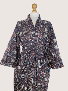 Bata Larga Estampada Floral para Mujer, Manga Tres Cuartos, Cuello Mandarín, Suave, Informal, para Primavera, Mezcla de Viscosa y Poliéster - Product Image 1