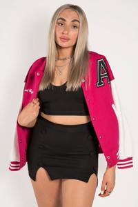 Blouson bombardier Vintage femme rose à la mode col montant personnalisé tricoté poignets déchirés fermeture à boutons Varsity tissé tissage - Product Image 2