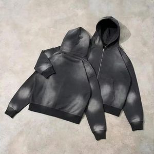 ชุดวอร์มแนวสตรีทของผู้ชายชุดวอร์มผ้าฝ้ายแนววินเทจ_ 100ซีดจางมีฮู้ดแบบรูดซิป - Product Image 3