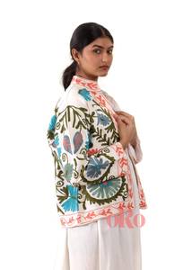 Women Boho Short <b>Kimono</b> Handmade Dyed Suzani Embroidered Cotton Jacket Open Front Free Size Shrug Coat Autumn - Product Image 2