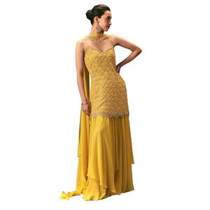 Yellow Sequin Hand Work <b>Kurta</b> Sharara <b>Set</b> in Silk Georgette with Dupatta <b>for</b> Wedding Festive Reception Bridal Wear - Product Image 5