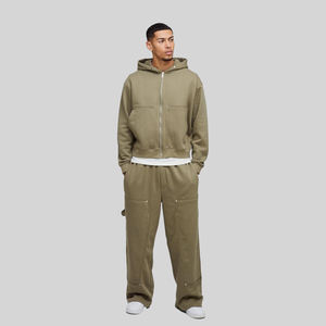 Sweatsuit 100% Cotton Acid Wash 6 Pocket Stacked <b>Trouser</b> and Zipper Hoodie Puff Printing Oversized Winter Tracksuit For <b>Men's</b> - Product Image 4