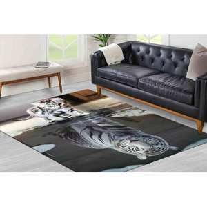 Tapis imprimé chat réflexion de tigre : Tapis animalier de luxe avec message motivant, tapis fin non tissé - Product Image 1