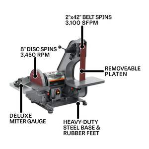Lijadora de Banda Eléctrica de 2 x 42 Pulgadas con Disco de 8 Pulgadas y Motor de 3/4 HP, 1 Fase, 115 V - Product Image 2