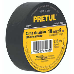 Ruban isolant électrique Pretul M-22P 19 mm x 9 m en PVC caoutchouc adhésif noir pour la protection et la réparation des câbles - Product Image 1