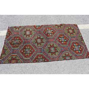 Tapis Kilim vintage 2,9x5,4 pi (88x164 cm), tapis turc rouge Ikat - Product Image 3