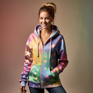 Sudadera con capucha y cremallera con sublimación de estrellas OEM para mujer, Sudadera con capucha con cremallera y estampado gráfico de gran tamaño para correr para mujer - Product Image 5