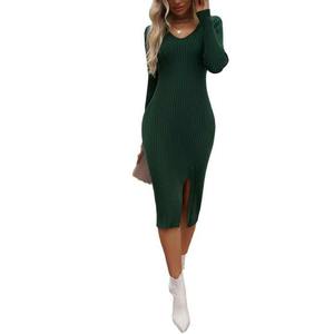 2025 Autumn NEW Slim Wrap <b>Jersey</b> <b>Dress</b> for Women Solid Color Sexy Slit Knitted <b>Dress</b> Classy V-neck Long Sleeve <b>Dress</b> - Product Image 6