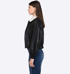 Chaqueta de moto de piel sintética en relieve negro para mujer al por mayor, manga larga, trabajo pesado, botón, solapa, nailon para invierno, otoño y primavera - Product Image 4